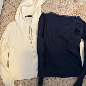 Brandy Melville Bundle | Navy Lace Boatneck Top & White Zip Hoodie